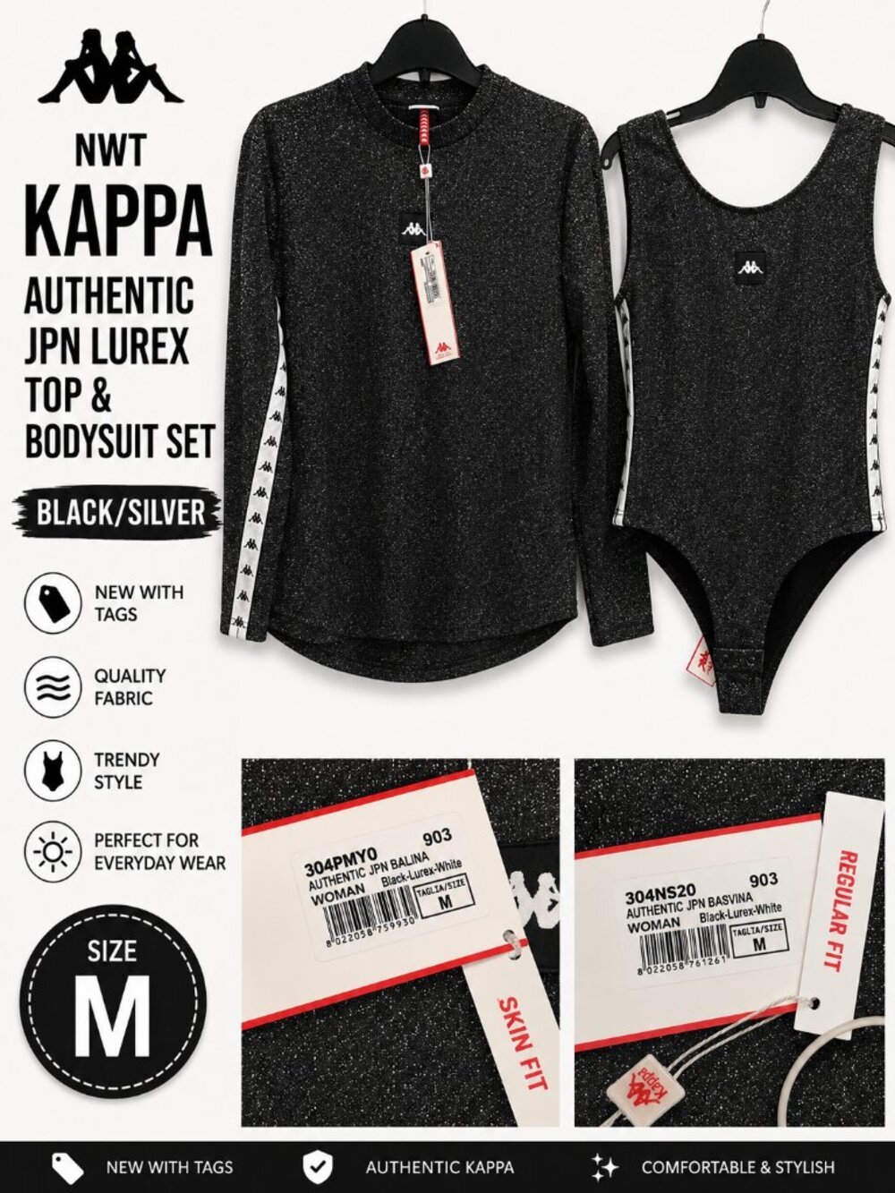 NWT Kappa Authentic JPN Lurex Top & Bodysuit Set Black Silver Size M - Picture 1 of 6